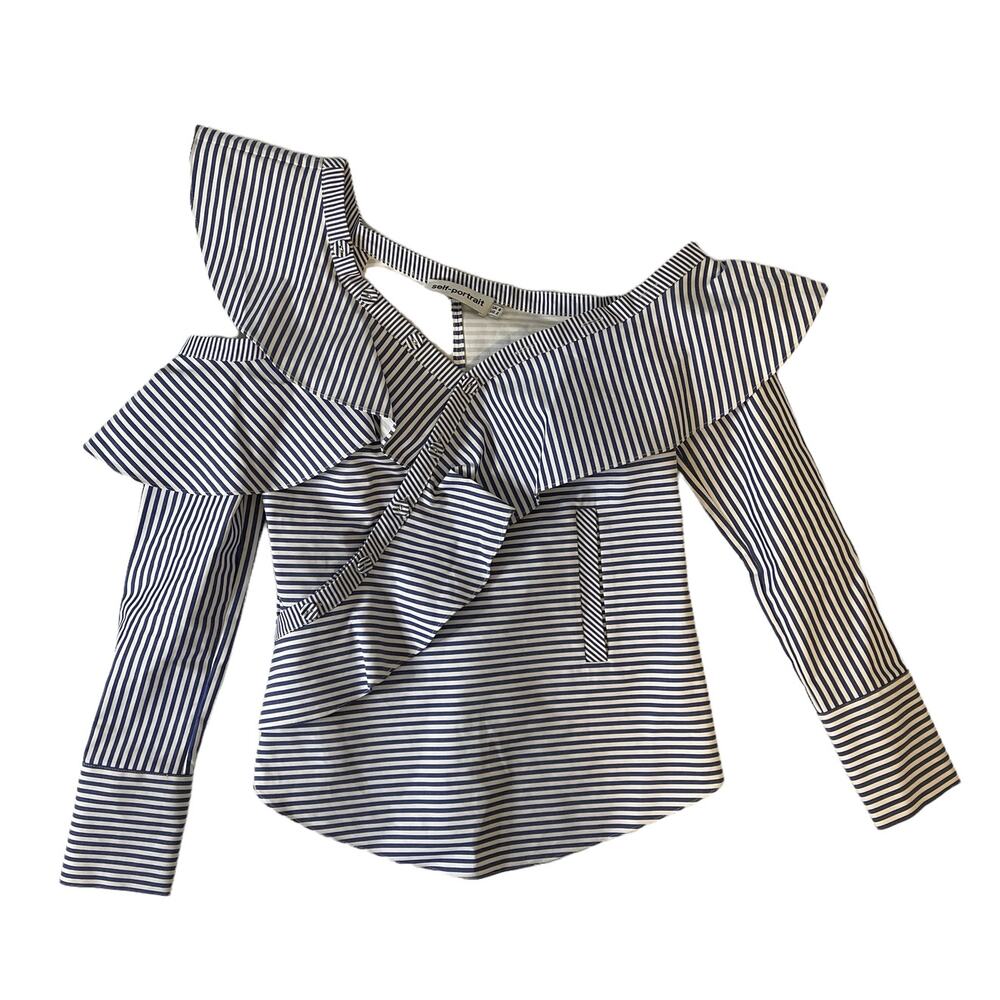 Self Portrait Asymmetrical Blue Striped Top Blouse Size 2
